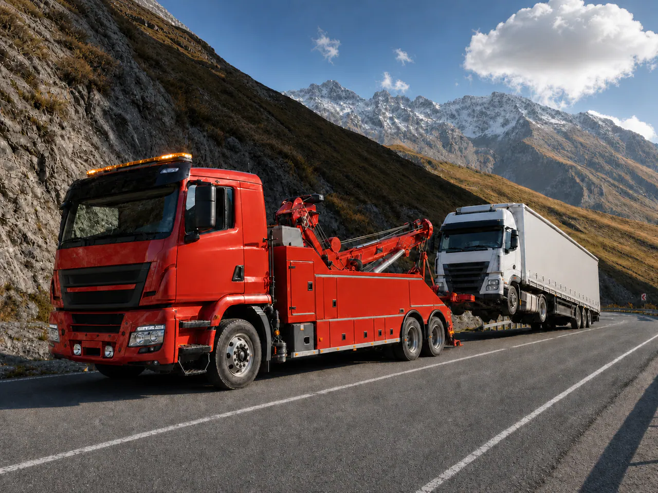 Red European heavy recovery vehicle assisting an HGV in Georgia Red European heavy recovery vehicle assisting an HGV in Georgia